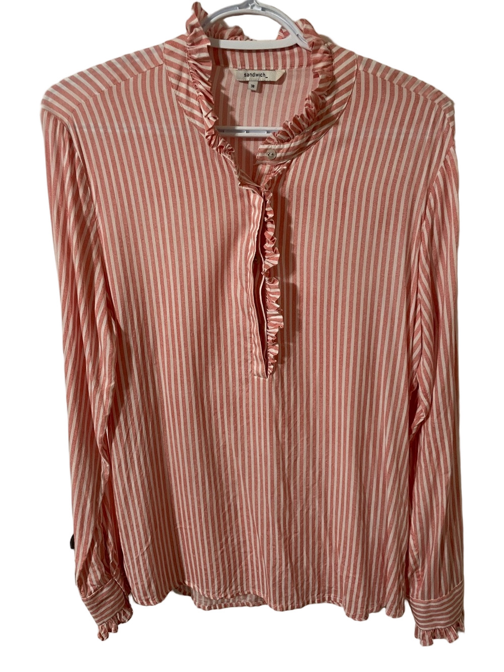 Sandwich Pink Striped Ruffle-Trim Long Sleeve Blouse Size 38
